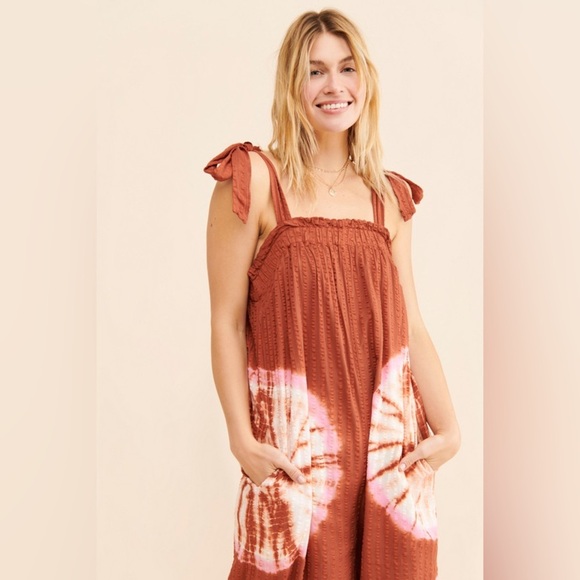 Anthropologie The Odells Josephine Jumpsuit Wide Leg Tie Shoulder Rust Size M - Picture 8 of 14